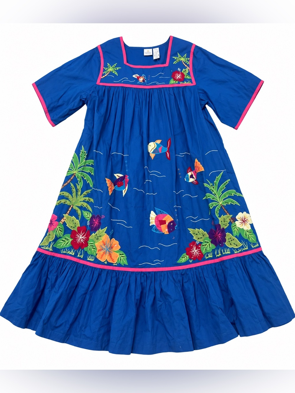 Smithsonian Institution Tropical Fish Palm Embroidered Blue Midi Dress